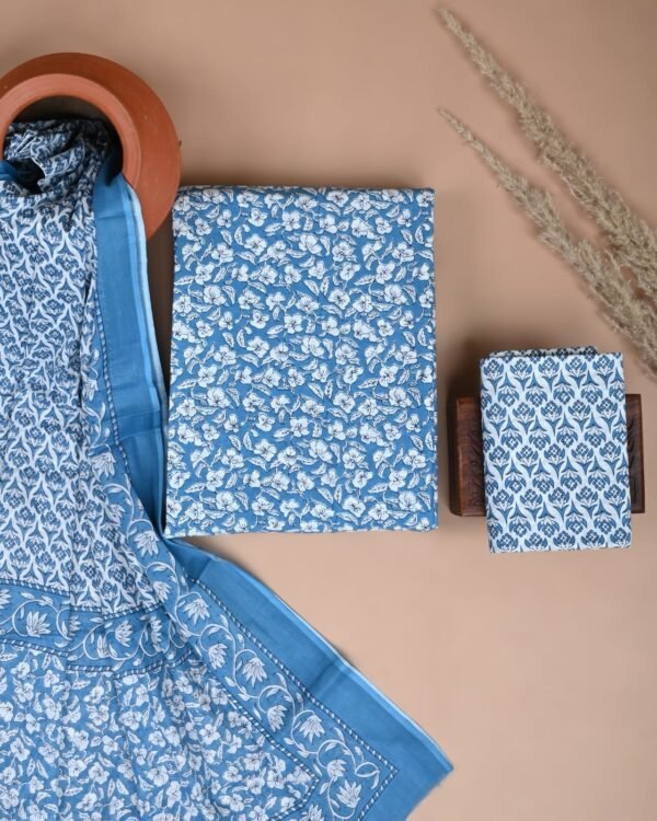 Exclusive Blue Floral Sanganeri Cotton Suit With Cotton Dupatta